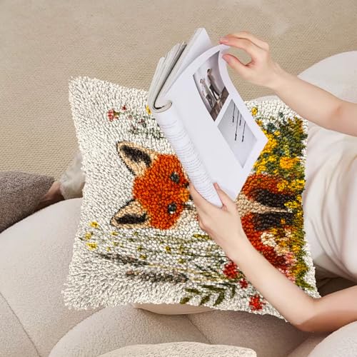DIY Latch Hook Pillow Cover Kits Cute Red Fox in Flowers Stampled Handamade Pillowcase Crochet Yarn Hook and Latch Emboridery Throw Pillow for Home Sofa Decor 43x43cm(4)