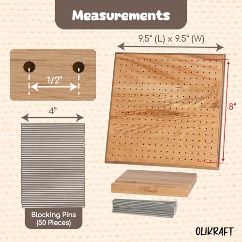 Olikraft Granny Square Blocking Board (9.5 Inch, 50 Pins) | Durable wood build, evenly spaced 0.5 inch holes for perfect tension, secure hold from rust-resistant stainless steel - size: 9.5 inches, style: Premium - 50 pins