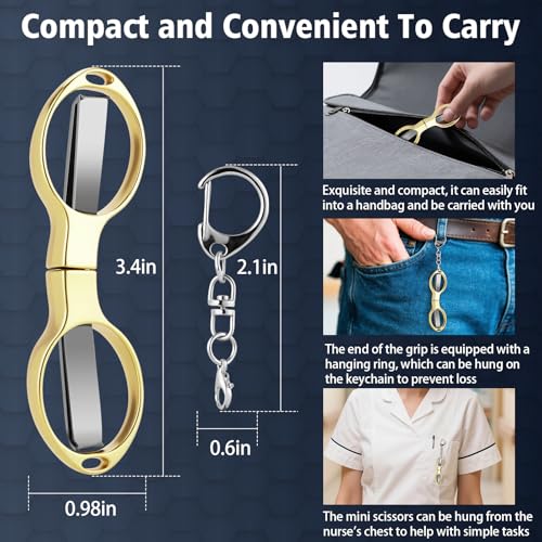 3 Pcs Folding Stainless Steel Mini Badge Scissors with 3 Keychains | Safety Foldable Pocket Travel Small Scissors All Purpose for Nurse Accessories, Travel, Office, Craft, Sewing, Home (Gold) - color: Gold