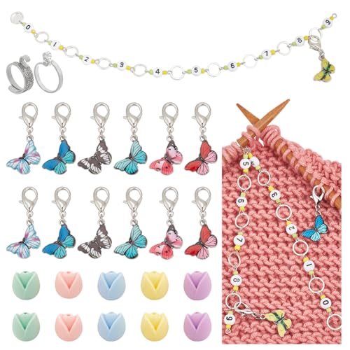 1Set DIY Knitting Tool Sets, Including Butterfly Themed Locking Stitch Markers, Counter Chains, Flower Shaped Knitting Needle Stoppers and Yarn Guide Finger Holder for Handmade Weaving, 10.43inch