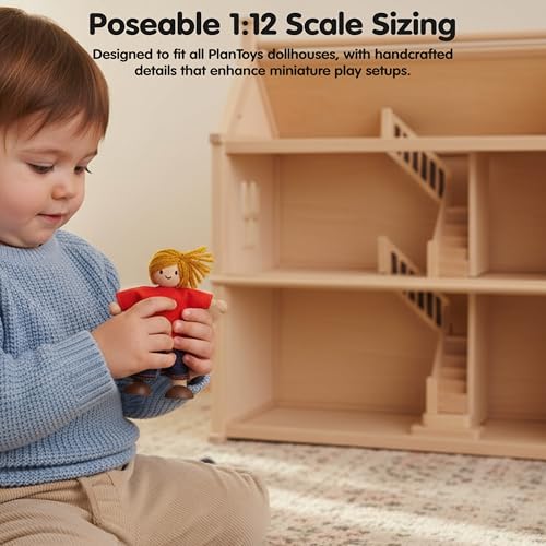 PlanToys® Boy Dollhouse Wooden Figurine Poseable 1:12 Scale 4-Inch Doll | son character, doll house people accessories, bendable arms, kids pretend play, girls storytelling gift ages 3+ for boys - color: Caucasian Boy