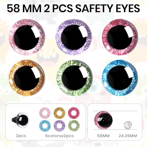 2pcs 58mm 3D Glitter Plastic Safety Eyes for Amigurumi Trapezoid Craft Crochet Doll Eyes with Washers Stuffed Animal Eyes for DIY of Puppet, Bear Animal Halloween Decorations(6 Colors) - size: 58mm