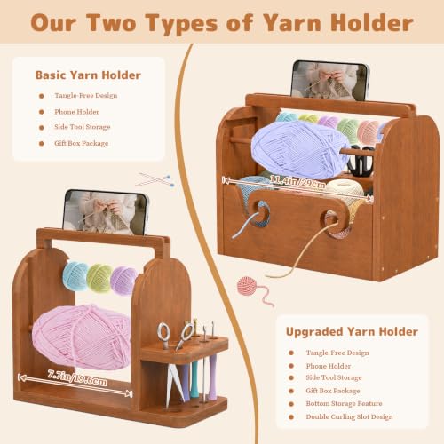 Upgraded Yarn Holder for Crocheting, Bamboo Yarn Holder (Brown) | Built-in Phone Stand, Bottom Storage, Tangle-Free Dual Rods & Tool Holder, Ideal Crochet Accessories for Skein, Ball Yarn - color: Brown Upgraded Yarn Holder