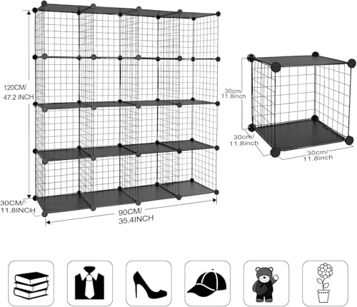 Wire Cube Storage Organizer, Metal Storage Shelves Bookshelf, Stackable Modular Closet Organizer for Bedroom Living Room, Office,Storage Shelves（16-Cube，Black） - color: Black Plus Iron, size: 16 Cubes