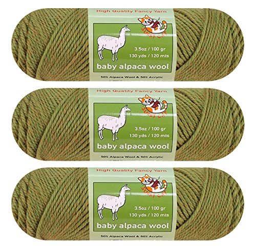 Baby Alpaca Wool Blend Yarn Worsted Weight 3 skeins (100g/each) Art Crafts Crochet and Knitting Sunny Cat Premium Brand (06 Martian Green) - color: 06 Martian Green