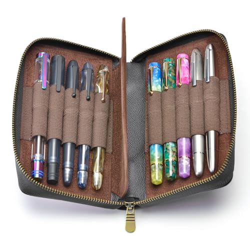 Fountain Pen Leather Pen Case 10 Divided Slots, Rollerball Pen Holder Handmade Display Organizer Zippered Pouch - color: Black