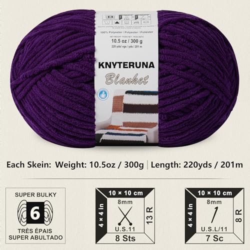 #6 Super Bulky Blanket Yarn for Crocheting - 4 Skeins(Each 10.5oz/300g, 220yds/201m), Chunky Chenille Thick Plush Big Soft Yarn for Crocheting Knitting Blankets, Dark Purple - color: Dark Purple