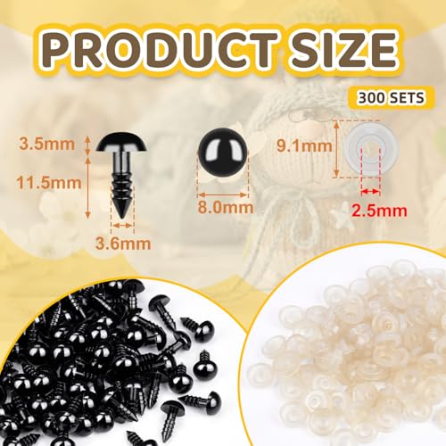 400Pcs Safety Eyes for Crochet Eyes Amigurumi， 8mm Safety Eyes for Stuffed Animals, 200pcs Washers whth 200pcs Plastic Craft Eyes for Crocheting Doll Eyes Making - color: 8MM 400pcs