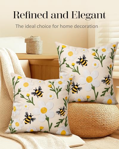 Embroidered Throw Pillow Covers 18x18 Inch, 2Pack, Flower Bee | Decorative Pillow Covers Set of 2, Farmhouse Cushion Cases with Hidden Zipper, Floral Decor for Couch, Sofa, Living Room - color: Flower Bee, size: 18" x 18" (Pack of 2)