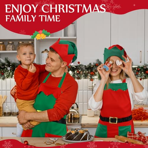 Handepo 12 Sets Christmas Apron and Hat Christmas Elf Costume Kit for Adults Women Cosplay Kitchen Xmas Holiday - color: Green Red, style: Classic