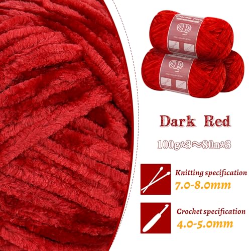 LUNARM Chenille Yarn 3 Pack 3.5oz Chunky Blanket Velvet Yarn 263 Yard | Dark Red Chunky Chenille Yarn for Beginners Crocheting Hand Knitting Scarves with Big Eye Needles Machine Washable - color: Dark Red