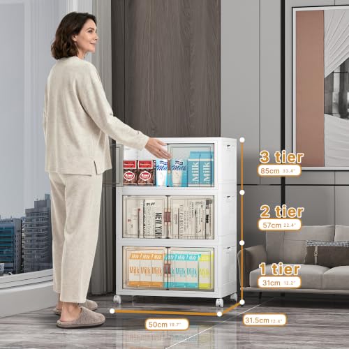 UAMFURI Stackable Storage Bins with Lid, 156QT Plastic Cabinet with Wheels | Large Capacity, Magnetic Door, Stack Lock, Rolling Wheels, Foldable Design, Organizers and Storage for Bedroom Dorm Garage - color: White-52qt, size: 3Pack with 1 top lid