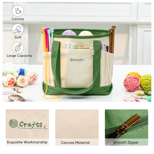 Canvas Yarn Storage Organizer Bag Washable Crochet Bag with Pockets for Yarn, Hooks, Needles – Travel Knitting Tote for Crafters – Gift for Crocheters & Knitters (Medium/Large) - color: Lime, size: Medium-12.5“