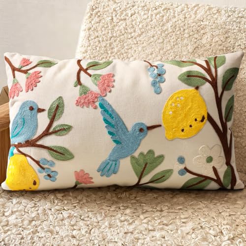 Embroidered Lumbar Pillow Cover 20x12 Inch, Bird Lemon | Decorative Throw Pillow Cover, Farmhouse Cushion Case with Hidden Zipper, Cottagecore Decor for Couch, Sofa, Living Room - color: Bird Lemon, size: 20" x 12" (Pack of 1)