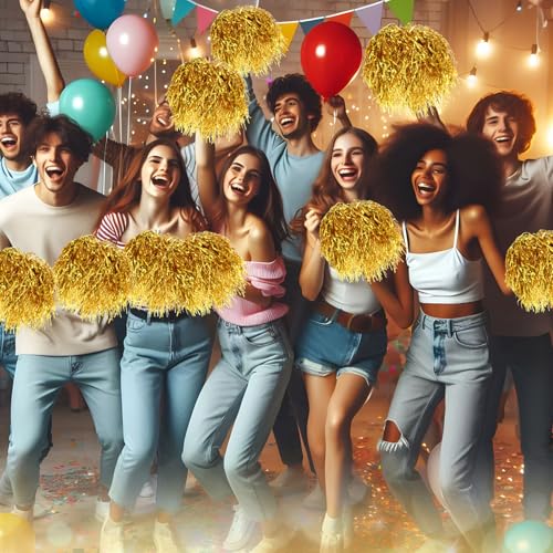 Vinsot 40 Pcs Cheerleading Pom Poms Bulk, Metallic Foil School Spirit Shakers Cheer Pom Poms with Plastic Long Handle for Soccer Basketball Sport Dance Team Squads Fan Celebration - color: Gold
