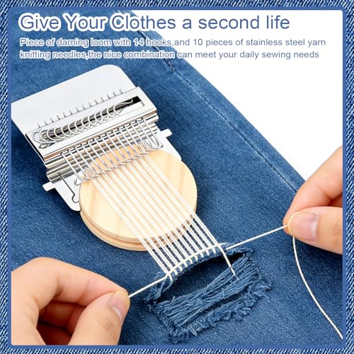 Mini Darning, Knit Patch Kit for Beginners, Wooden Weaving Tool with Stainless Steel Needles, Portable Darning Looms Kit for Quickly Mending eans Clothes Tapestries Carpets Scarves (14 Hooks)