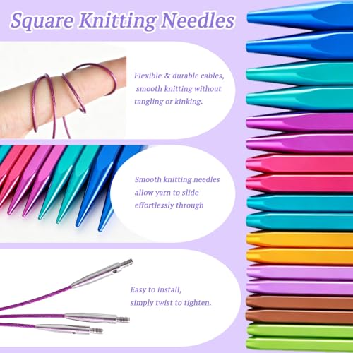 Yarniss 9 Pairs Square Circular Knitting Needles Set with Cable US 2.5~11 | 4.5" Aluminum Cubic Tips with 360°Rotating Cables & Storage Case,Interchangeable Knitting Needles Set with Case - color: Dark Purple
