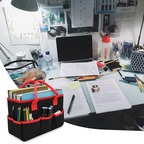 Cupohus Desktop Art Craft Storage Tote Bag and Stock Organizer (Black&Red) | Supply Storage Bags with Pockets and Handles, Oxford Fabric Carrying Caddy for Teacher, Officer, Artist, Traveler, and More - color: Black, size: Normal