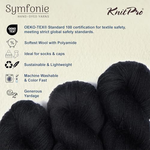KnitPro Symfonie Fingering Weight Merino Wool Yarn 100g, Jet Black | 75% Extrafine Merino & 25% Polyamide, 438yds, OEKO-TEX Certified, Superwash, Colorfast, #1 Yarn Skein for Knitting & Crochet - color: Jet Black