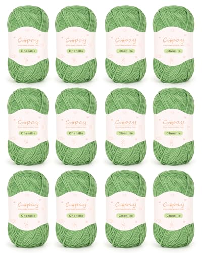 Coopay Skinny Chenille Yarn, Soft Yarn for Crochet & Knitting, Green | Crochet Yarn Set - 600g Total, Soft Velvet Yarn for Colorful Crafts, Blankets, Plush Dolls, Decorative Handmade Works - color: Pure Green, size: #2 Thin