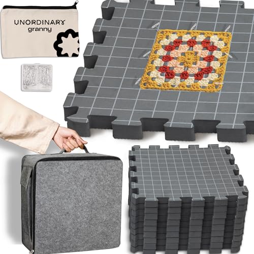 Unordinary Granny® Crochet Blocking Set-9Pc Extra Thick 12x12 Interlocking EVA Foam Mats with Grids, 150 T-Pins, Premium Felt Bag and a Cotton Pouch, Grey - color: Grey