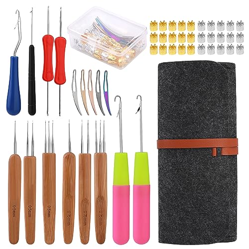 QMNNMA Dreadlock Crochet Hook, 48 Pcs Loc Crochet Needle for Hair | 6 Dreadlock Crochet Needle, Crochet Hooks for Hair, Different Size Bent Latch Hook with Dark Gray Case and Dreadlocks Tool - color: dark gray