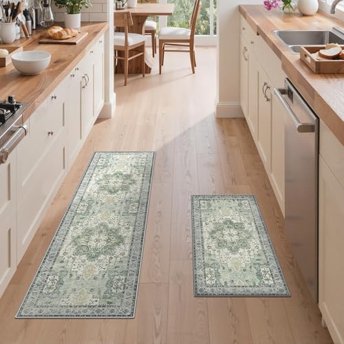 GENIMO Kitchen Rugs Set of 2, Washable Non Slip Cushioned Mats for Floor | 20"x32"&20"x59", Green vintage boho rug, soft faux cashmere, low pile, easy-clean for laundry, entryway, sink, farmhouse - color: Light Green, size: 20"x32"+20"x59"