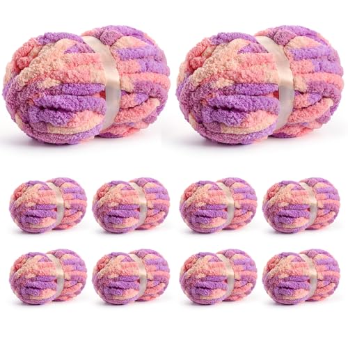 10 Pack Jumbo Chunky Yarn for Hand Knitting, Fluffy Chunky Chenille Yarn for Crocheting, Variegated Chunky Knit Baby Blanket Yarn, 240 yds /70.5 oz Super Bulky Yarn（Pinkish Purple） - color: 10 Pinkish Purple