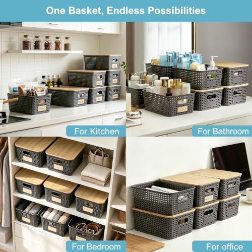 Bagnizer Small Plastic Storage Bins with Bamboo Lids 5.2qt Stackable Box Basket Pantry Decorative Containers Cute with Lable for Organizing Desktop Closet Office Gray of 6 packs 10 * 7.2 * 4.1" - color: Gray, size: Small- 6 Pack