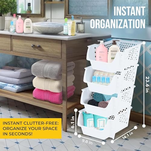 Skywin Stackable Storage Bins Open Front for Pantry Storage, 4 Pack - White | Sturdy Plastic, Easy Stacking, Breathable & Open Front Design, Pantry Storage for Snacks, Toiletries, and Small Essentials - color: White