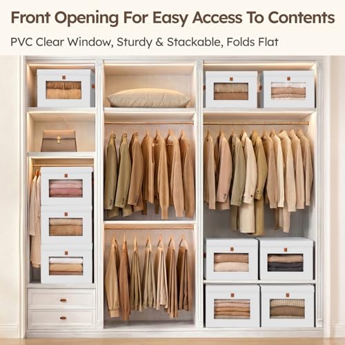 Homsorout Storage Bins with Lids - Front Opening Storage Box with Clear Window & Handles, Stackable Foldable Fabric Bins for Closet Organization, Clothes, Sweaters, Towels, Blankets, 3 Pack, White - color: White, size: Medium - 3 Pack