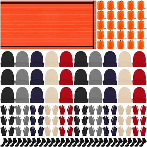 Chicingyou 120 Pcs Homeless Care Package Supplies Bulk Winter Emergency Thermal Blankets Warmer Beanie Socks Touchscreen Gloves for Men Women Cold Weather Outdoor Survival Kits(Multicolor)