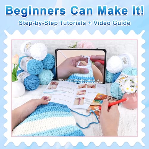 Reessy Crochet Blanket Kit for Beginners Adults – Gradient Blue Ombre Throw Blanket Kit with Soft Chenille Yarn, Hooks & Instructions – Handmade Crochet Starter Set for Adults - color: blue