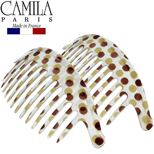 Camila Paris CP1248/2 French Hair Side Combs, Dots Interlocking Combs French Twist Hair Combs, Strong Hold Hair Clips for Women Bun Chignon Up-Do, Styling Girls Hair Accessories, Made in France - color: Dots