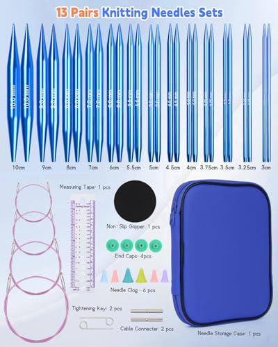 Aeelike 13 Pair Interchangeable Circular Knitting Needles 3-10 mm, Blue | Aluminum Interchangeable Knitting Needles with 4 Cables, Smooth Complete Needles Set for Socks Blankets Sweaters, Ideal Gift - color: Dark Blue