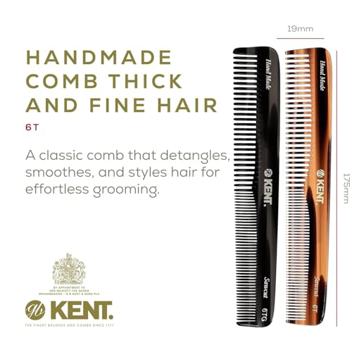 Kent 6T-6T G Fine Tooth and Wide Tooth Hair Comb, Handmade Styling Comb for Hair Care, Barber Combs, Beard Combs For Men, Styling Grooming for Men, Women and Kids - color: Multi, size: 2 Pack