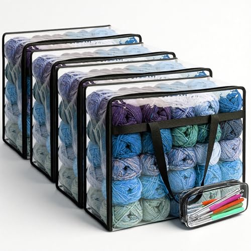 KongTiva 4 Pack 18" x 15" x 9" Large Yarn Storage Bags Set with Crochet Bag | Clear Yarn Storage Organizer with Zippers and Handles, Crochet Bag Knitting Bag for Knitting Needles Crochet Hooks