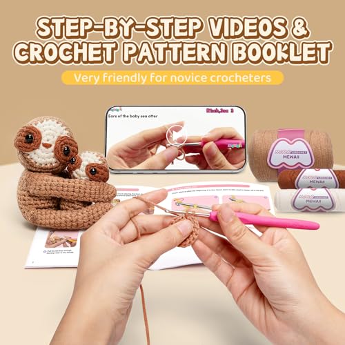 Mewaii Crochet Kit for Beginners, 2 Pack Sloth Craft Set | 40% Extra Yarn, Video Tutorial, Pre-Started Piece, Beginner Friendly, Family Craft Gift for Adults & Kids - color: Brown, Yellow, Pink, and Green