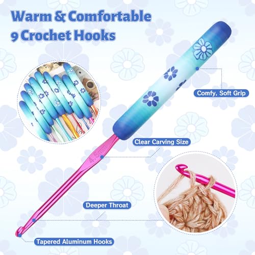 Coopay Warm Crochet Hooks Comfort Grip Longer Aluminum Crochet Hook Set | 9pcs 2.0mm-6.0mm(B-J) Smooth Crochets Needles Set for Crocheting, Blue Flower Soft Handle for Beginners and Arthritic Gifts - color: Blue Flower
