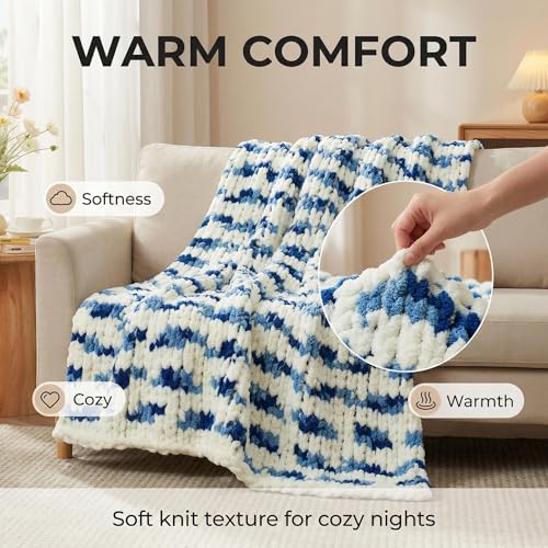 Chunky Knit Throw Blanket for Couch 50"x60", Space-Dyed Blue Striped | Handmade Chenille Crochet Throw for Sofa Bed, Thick Cable Knitted Blankets for Room Home Decor, Birthday Gift for Women - color: Blue/White Stripe, size: 50"x60"