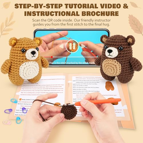 Crochet Kit for Beginners - Bear Crochet Kits, Beginner Crochet Kit for Adults, Crochet Animal Kit for Starters with Step-by-Step Video Tutorials, Knitting Bears with Squishy Hip Design - color: Brown Bears