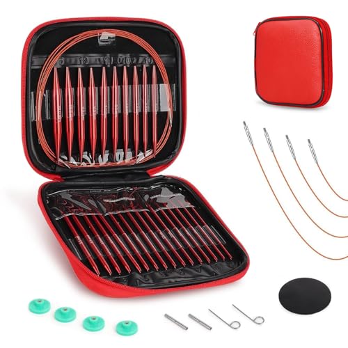 Interchangeable Knitting Needle Set with Circular Cable for Crafters, 13 Circular Knitting Needles with 4 Cables for Beginner, DIY Crafts, 3-10 mm Aluminum Red Needle Set