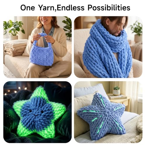 8 Pack Chunky Chenille Yarn for Hand Knitting, Glow in The Dark, Denim Blue | 8-pack jumbo chenille yarn with 1 glow-in-the-dark skein! Ultra-soft, fast to hand knit & perfect for DIY cozy gifts - color: Denim Blue