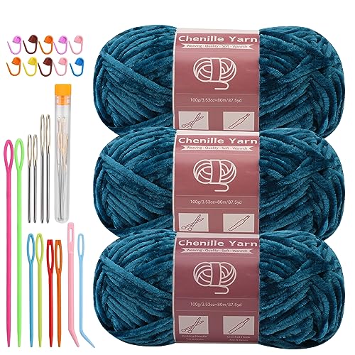 LUNARM Chenille Yarn 3 Pack 3.5oz Chunky Blanket Velvet Yarn 263 Yard | Marine Green Chunky Chenille Yarn for Beginners Crocheting Hand Knitting Scarves with Big Eye Needles Machine Washable - color: Marine Green