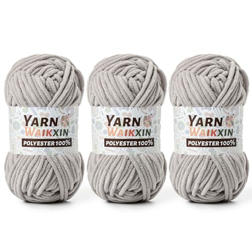 3 Light Gray Soft Chenille Yarn for Crocheting, Fluffy Chunky Crochet Yarn for Baby Blanket, (10.58oz/393yds) Fuzzy Velvet Yarn for Amigurumi&DIY Puzzle、Crafts、Scarf - color: 3 Light Gray
