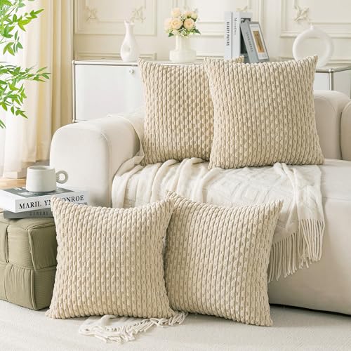 Set of 4 Beige Decorative Throw Pillow Covers 22x22 Inch Corduroy Pillow Covers for Bed Couch Sofa Living Room Soft Square Cushion Cases - color: Beige, size: 22" x 22" (Pack of 4)