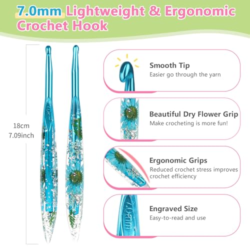 Katech 7.0mm Crochet Hook for Arthritic Hands, Long Aluminum Inline Hooks | Ergonomic Crochet Hooks with Dried Floral Grip-Elegant & Unique, Smooth Crochet Needle-Crochet Gift for Beginner&Crocheter - size: 7.0mm