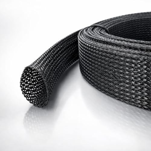 25ft Expandable Non-Split PET Braided Cable Sleeve, High-Temperature Black Loom for Automotive Harness and Chew-Resistant Home Office Wire Management (1.5") - size: 1.5" - 25ft
