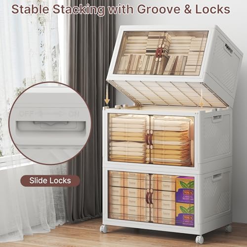 UAMFURI Stackable Storage Bins with Lids, 360QT Lockable Storage Cabinet | Folding Storage Box with Doors and Wheels, Collapsible Plastic Drawers for Home, Garage, Office - color: White, size: Large