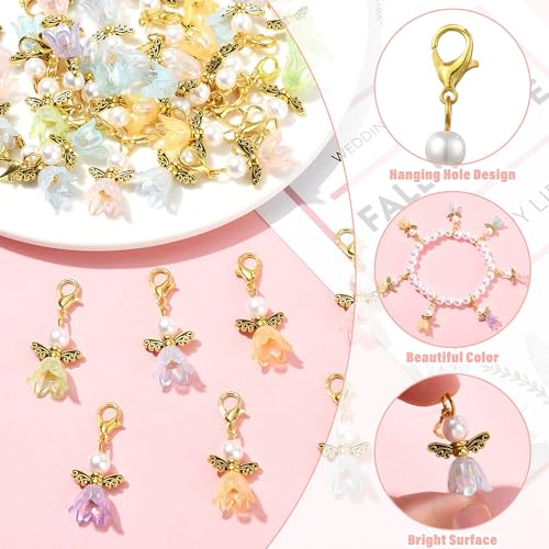 7-70Pcs Angel Wing Pendants Charms Miexed Color Acrylic Beads Charms Golden Dangle Pendants with Lobster Claw Clasps for Necklaces Bracelets Earrings Jewelry Making and Crafting - color: FlowerA-70 pcs